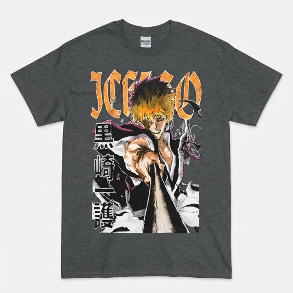 Close-up highlight of Masakazu Morita Ichigo Kurosaki Bleach Vintage Graphic T-Shirt styled with