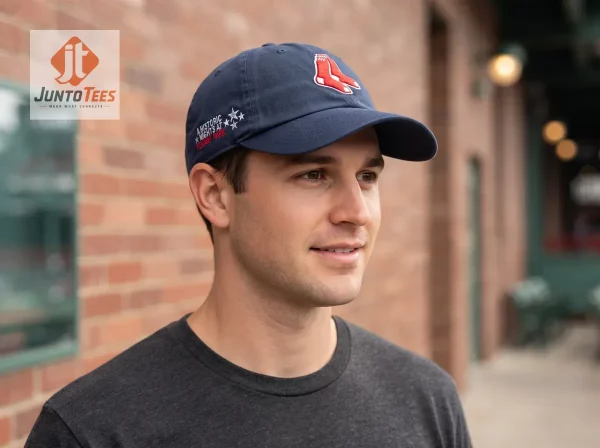 Noah Kahan The Great Divide Tour Boston Red Sox Hat Fenway Park Embroidered Baseball Cap Giveaway July 2026 1 A man wearing a navy cotton dad hat standing in front of a brick wall.