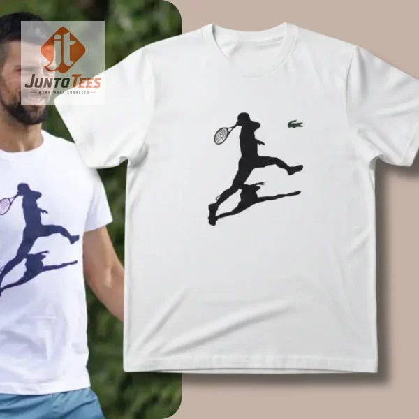 A crisp white t-shirt featuring a flat-printed black silhouette of a tennis player in action.