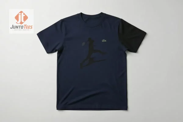 Lacoste x Novak Djokovic Silhouette Shirt Wimbledon 2024 1 A man wearing a white tennis-themed t-shirt outdoors, capturing the athletic style.