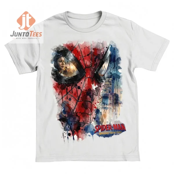 Spider-Man mask watercolor graphic on a white crew neck tee.