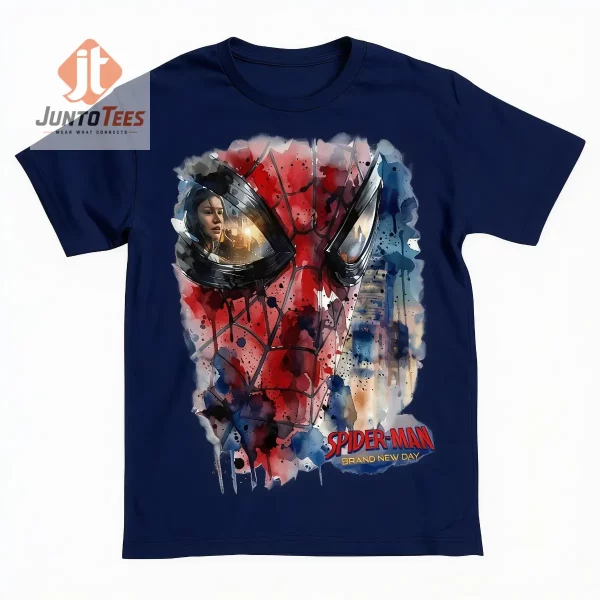 Spider-Man mask watercolor graphic on a navy blue t-shirt.