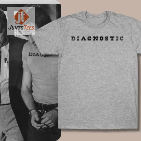 Vintage documentary style diagnostic text printed on a heather grey cotton t-shirt