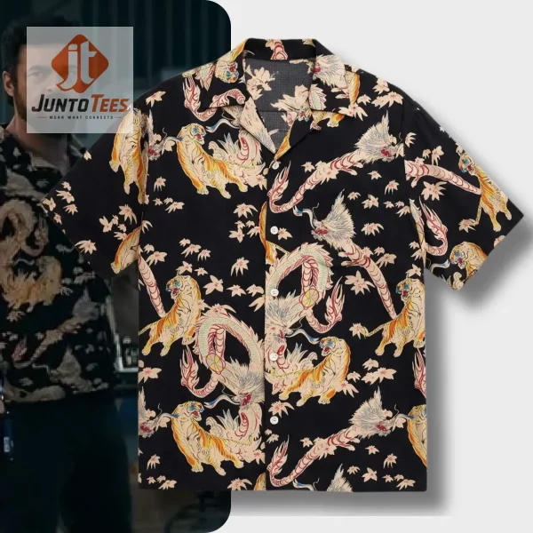 The Boys Karl Urban S05 Cosplay Costume AOP Hawaiian Shirt 1 Front view of a black button-down Hawaiian shirt with a classic Cuban collar and a continuous animal motif.