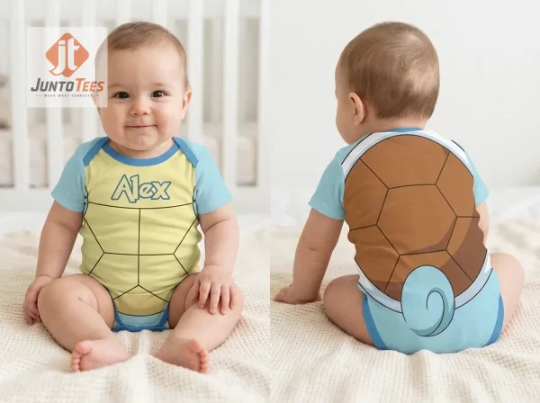 Smiling baby wearing a light blue onesie with a printed yellow shell pattern and personalized name.