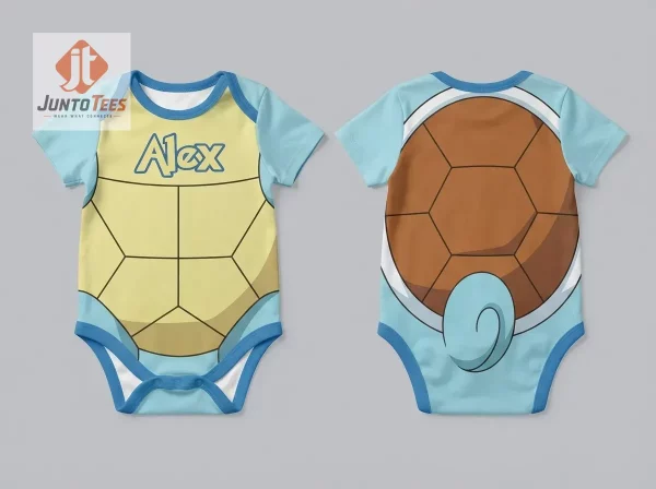 Infant lying on a blanket showing the back of the blue bodysuit with a large detailed turtle shell print.