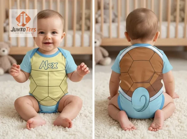 Flat lay of a light blue baby bodysuit with a yellow chest shell and a brown back shell design.