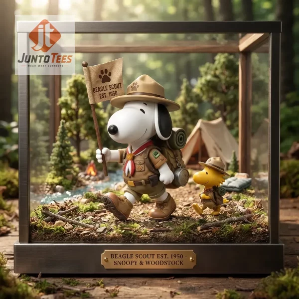 Snoopy and Woodstock Beagle Scout figures in a glass case.