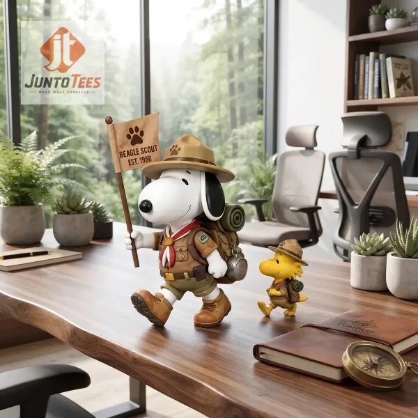 Beagle Scout figure set sitting on a wooden desk with office supplies.