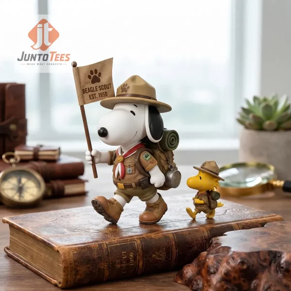 Close up of Snoopy wearing a scout hat holding a flag.