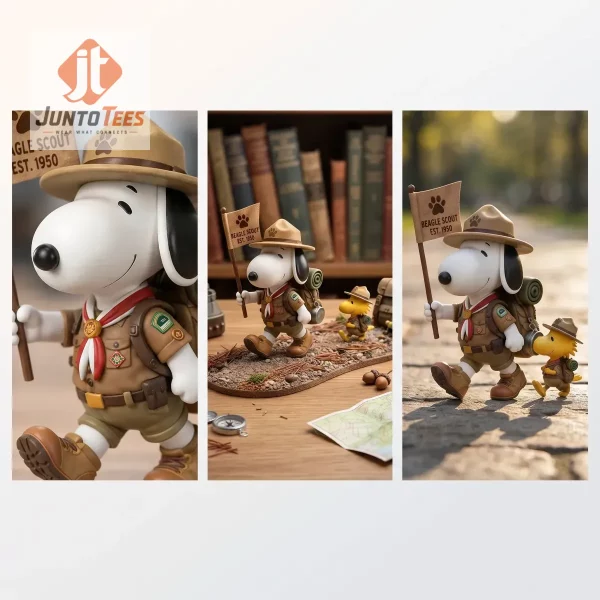 Snoopy scout figure set in a modern home office by a window.