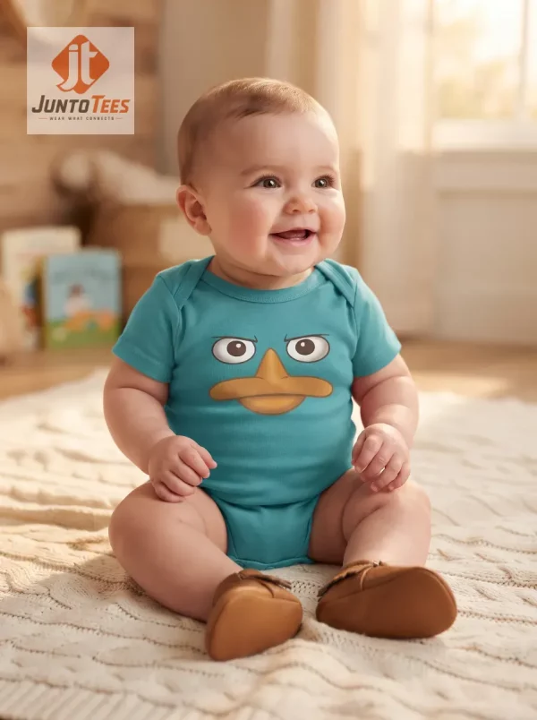 A happy baby sitting on a beige textured knit blanket wearing a teal romper featuring a platypus character face.