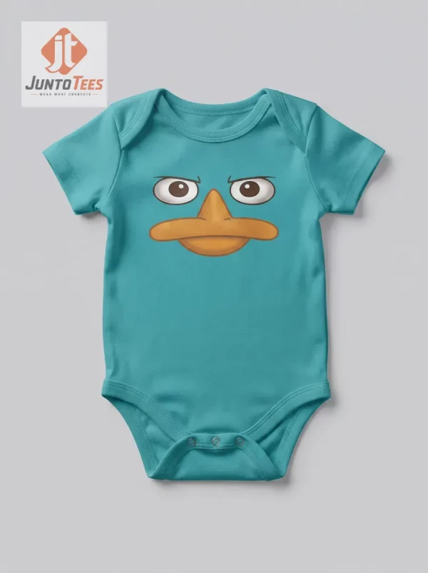 Perry the Platypus Onesie Cosplay Costume Baby Bodysuit 1 Flat lay of a teal infant romper with a centered 3D-effect platypus face illustration.