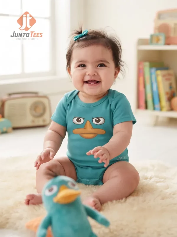 Perry the Platypus Onesie Cosplay Costume Baby Bodysuit 2 Close up of the teal fabric showing the smooth jersey texture and clear print quality of the platypus eyes.