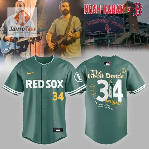 Boston Red Sox x Noah Kahan The Great Divide Tour 2026 Limited Edition Nike Baseball Jersey 1 White baseball jersey with red pinstripes and insect-inspired graphic on the back.