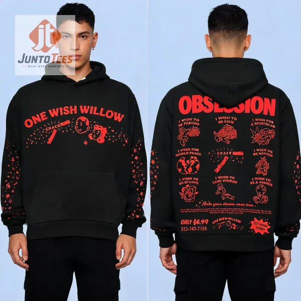 Front view of a black hoodie featuring red One Wish Willow graphic and character illustrations.