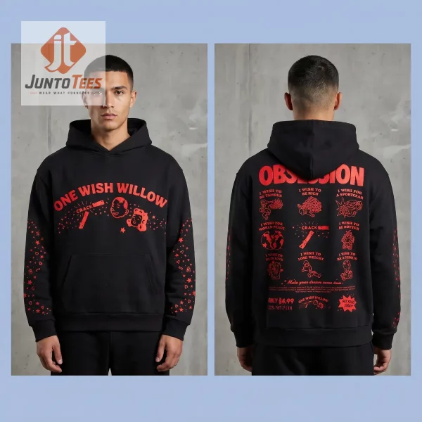 Back view of a black hoodie showcasing a grid of nine satirical wish illustrations in red.