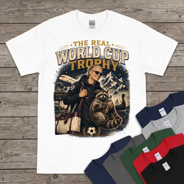 Graphic soccer player and raccoon illustration on a white cotton crew neck.