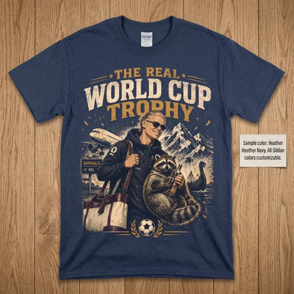 Close-up of the vintage-style soccer graphic printed on a heather navy blue t-shirt.