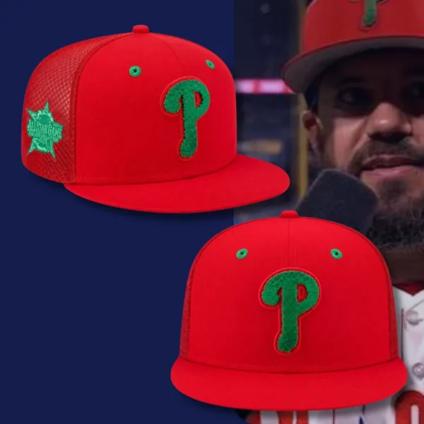 Detailed front and side view of a red Phillies baseball hat with green embroidery.