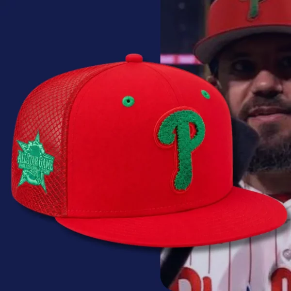Phillies Home Run Derby All Star Game on July 13th 2026 Embroidered Hat 1 Close-up of the textured green embroidery on a red baseball cap fabric.