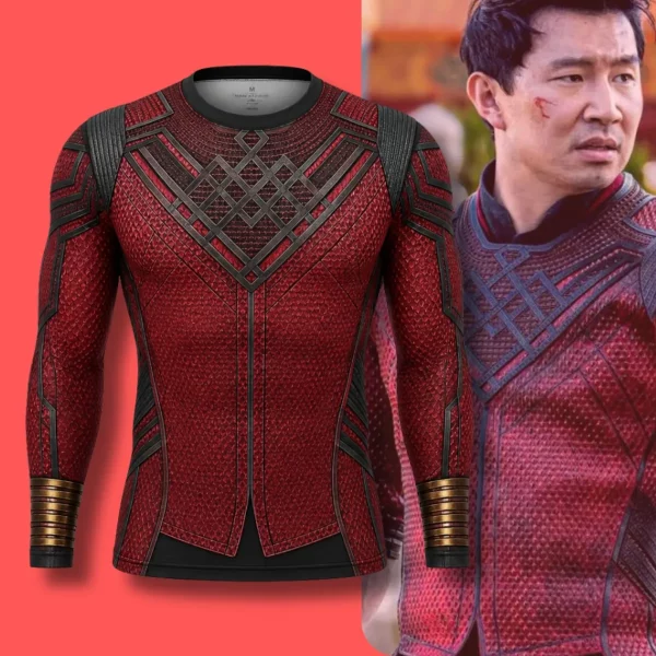 Front view of a crimson and black Shang-Chi inspired compression shirt with realistic armor texture print.