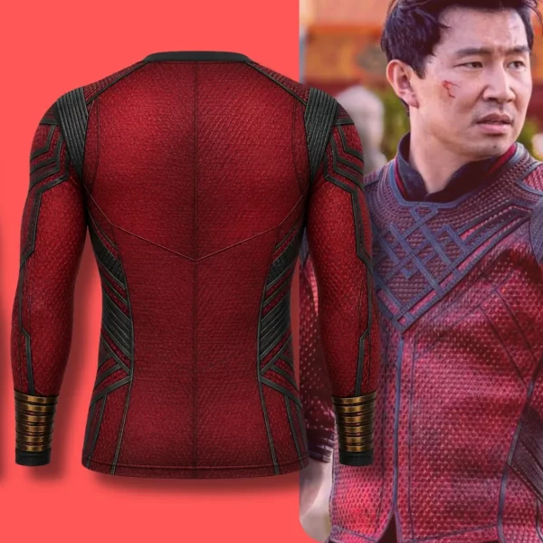 Back view of the detailed crimson armored graphic on a long-sleeve compression shirt.