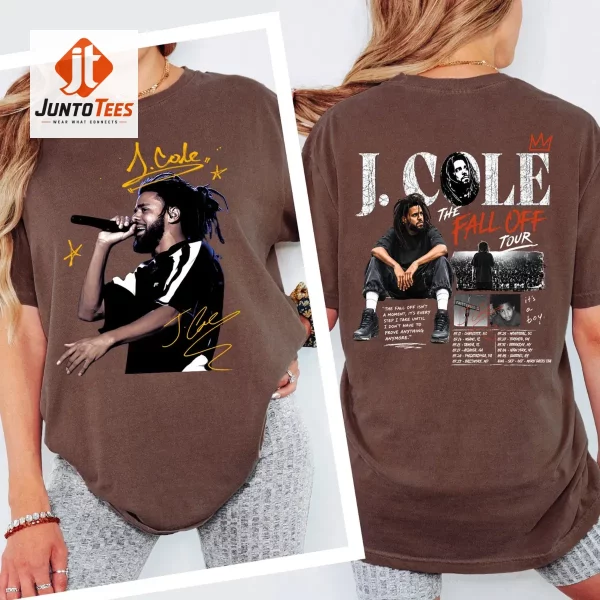 Front and back view of a chocolate brown graphic tee with vintage J. Cole print.
