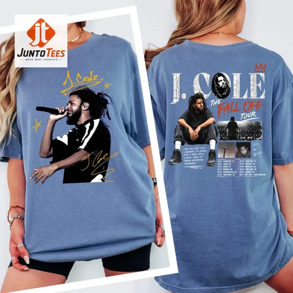 Close-up highlight of J. Cole The Fall Off Tour 2026 Vintage Bootleg Style Graphic T-Shirt styled with