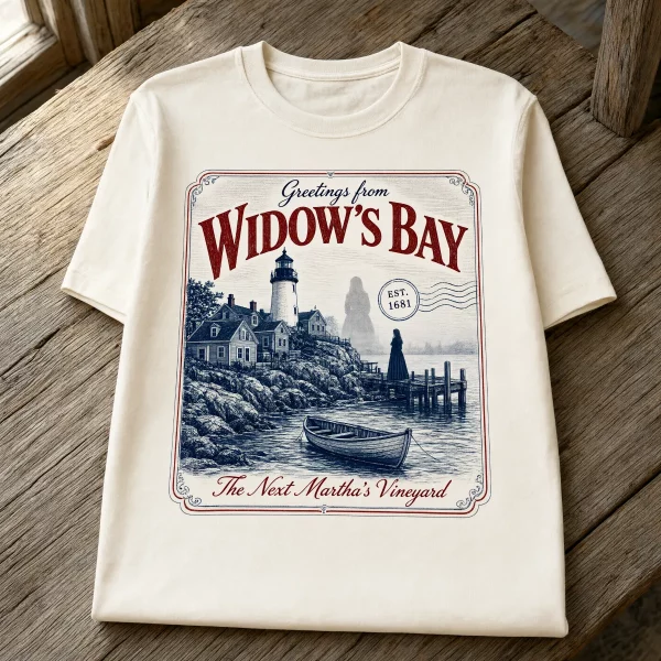 Cream colored short sleeve t-shirt with a vintage lighthouse print on a rustic wooden deck.
