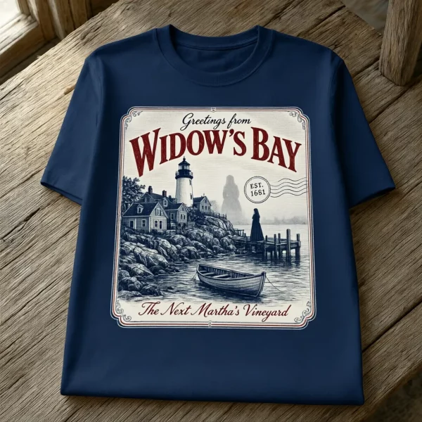 Navy blue t-shirt displaying a maritime souvenir design on wooden boards.