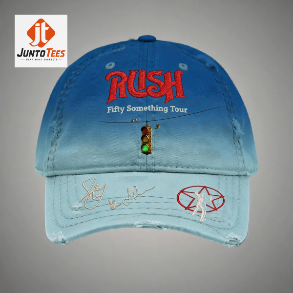 Rush Fifty Something Tour 2026 Distressed Blue Ombre Hat 1 Front view of the blue ombre Rush hat with concert tour graphic.