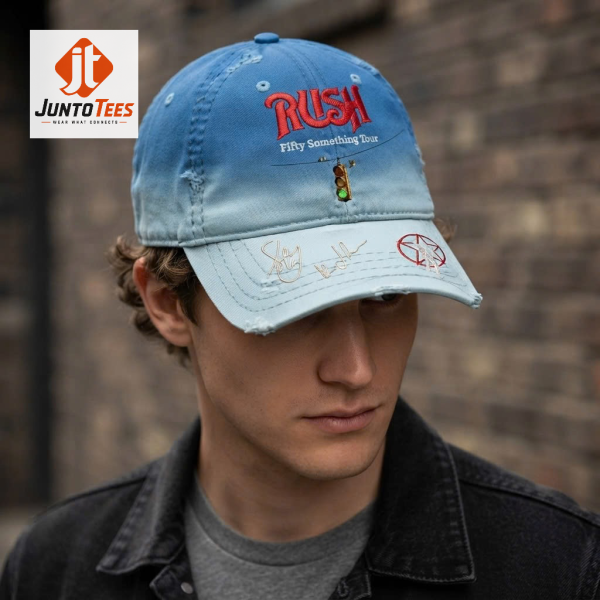 Rush Fifty Something Tour 2026 Distressed Blue Ombre Hat 2 Close-up detail of the Rush Fifty Something Tour graphic print.