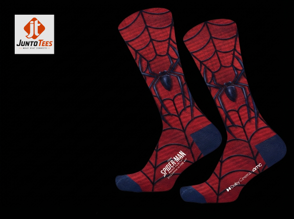 Spider-Man Brand New Day Opening Night Red Web Pattern Mid-Tube Socks 2 Spider-Man socks on a display stand with cinema accessories