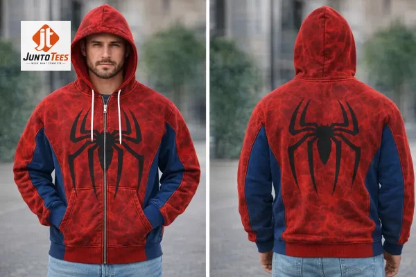 Front and back views of a red and blue marbled hoodie with a black spider emblem.