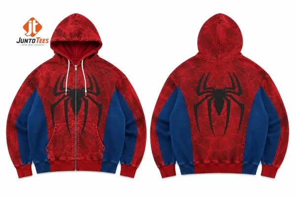 Flat lay of the Spider-Man marbled zip-up hoodie on a white background.
