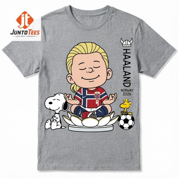 Authentic Erling Haaland Norway 2026 x Snoopy Meditating Peanuts Style T-Shirt product image at juntotees.com