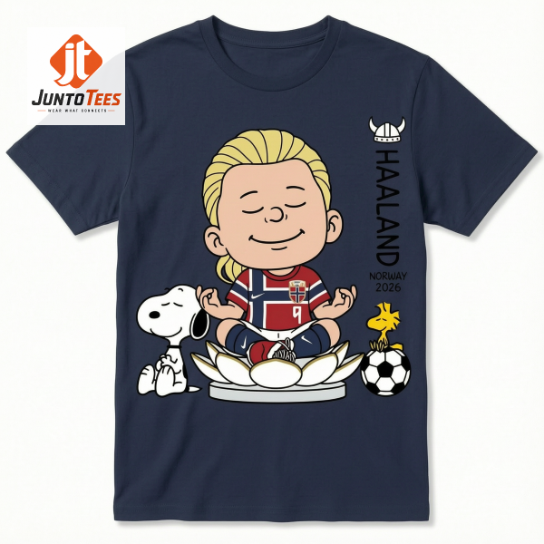 Detailed look of high-quality Erling Haaland Norway 2026 x Snoopy Meditating Peanuts Style T-Shirt in Graphic Shirts