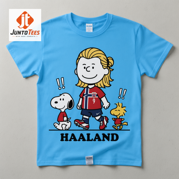 Haaland Snoopy and Woodstock Peanuts Style Norway 2026 T-Shirt 1 A light blue variant of the Haaland Peanuts style t-shirt.