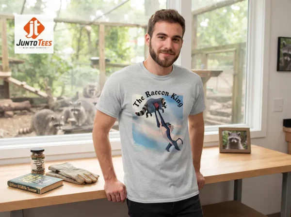 Charcoal grey t-shirt featuring the Raccoon King design on a flat surface