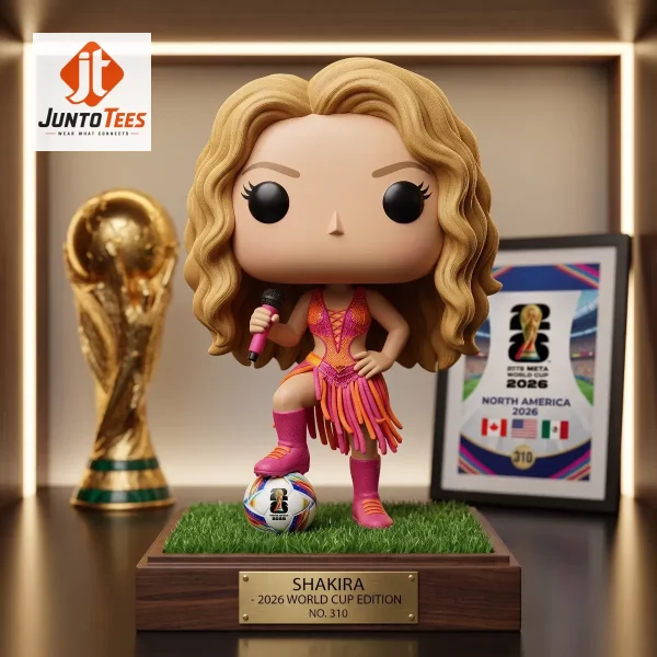A vibrant Shakira pop-style figure with bright hair and a soccer-themed outfit standing on a field base.