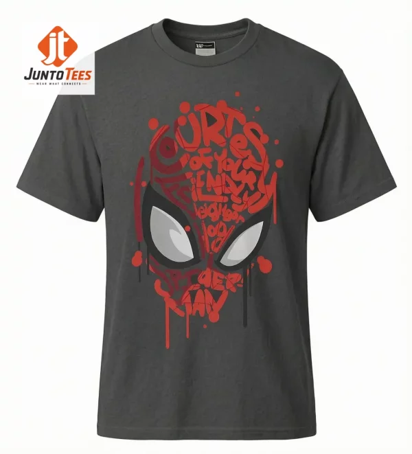 Charcoal grey t-shirt showing a graffiti-style mask graphic