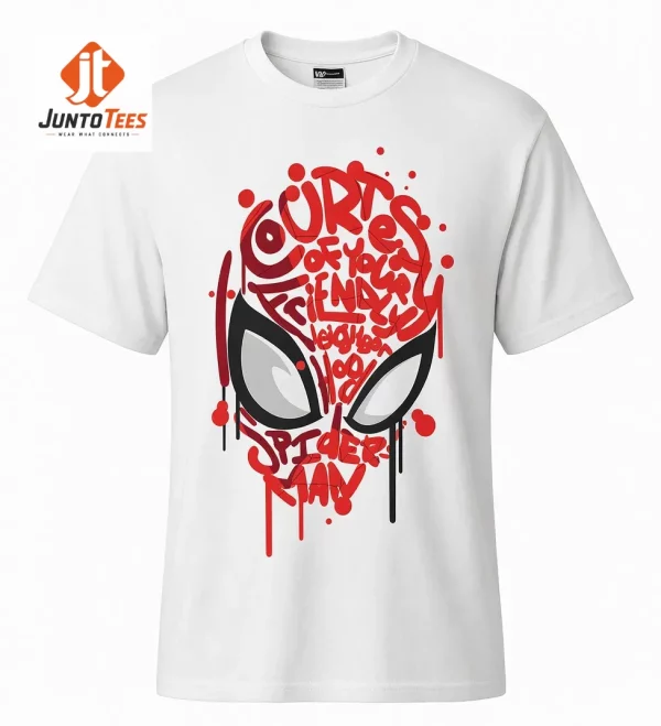 Friendly Neighborhood Spider-Man Graffiti Typography Mask Graphic T-Shirt 1 Close up of the red graffiti text forming a mask shape