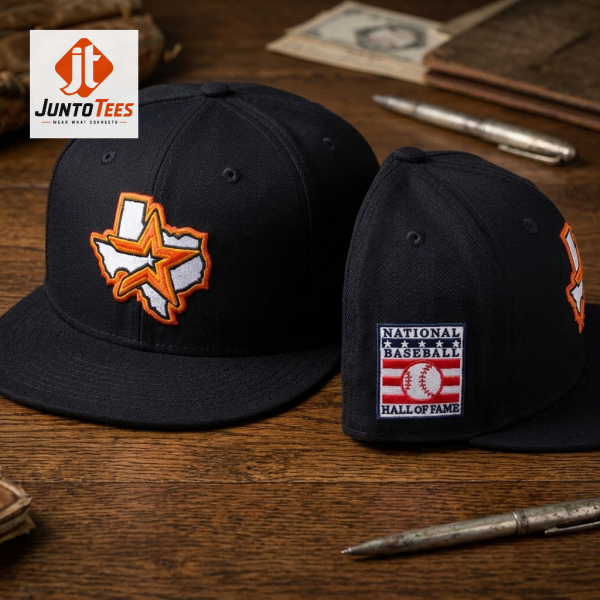 Black baseball hat with Houston star map graphic and Hall of Fame patch.