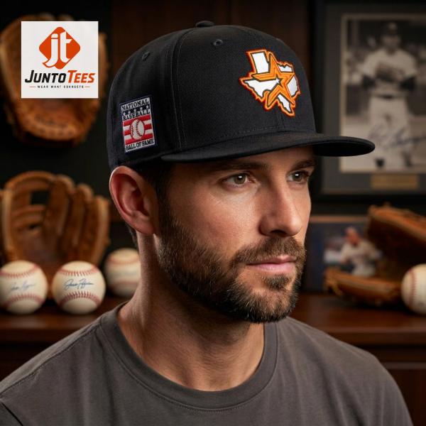 Black baseball hat with Houston star map graphic and Hall of Fame patch. (Detail view #2)