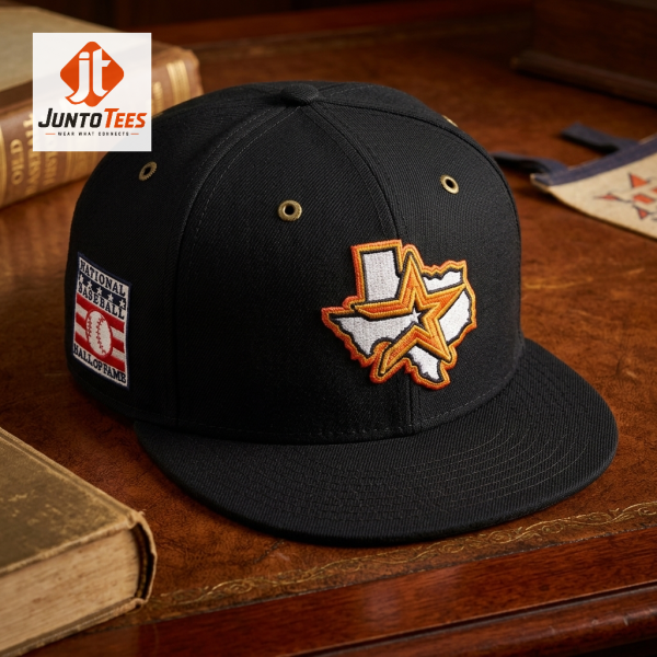 Black baseball hat with Houston star map graphic and Hall of Fame patch. (Detail view #3)