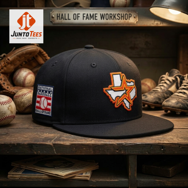 Black baseball hat with Houston star map graphic and Hall of Fame patch. (Detail view #4)
