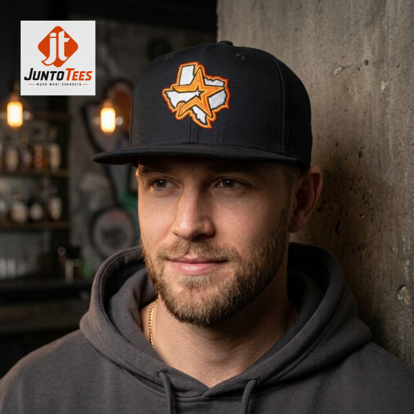 Black baseball hat with Houston star map graphic and Hall of Fame patch. (Detail view #5)