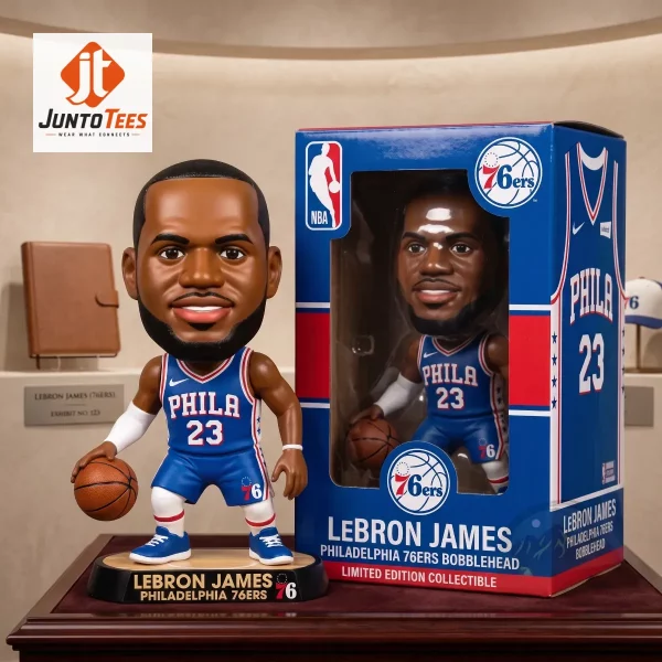 LeBron James 76ers resin figure standing beside matching packaging