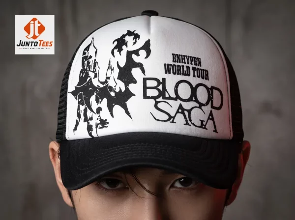 A black and white trucker hat featuring bold tour typography in a crisp graphic style.